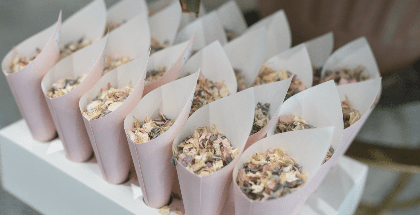 Sustainable petals in pink cones ready to be thrown over the happy couple